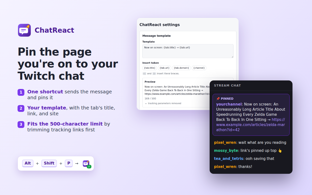ChatReact settings page with a live preview next to a stream chat showing the pinned message